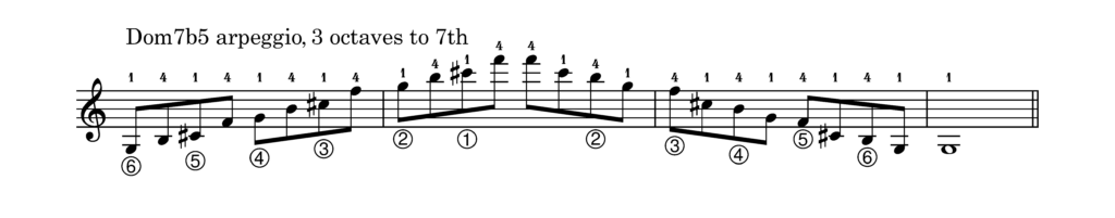 A dominant7b5 arpeggio, 3 octaves up to 7th and down again.