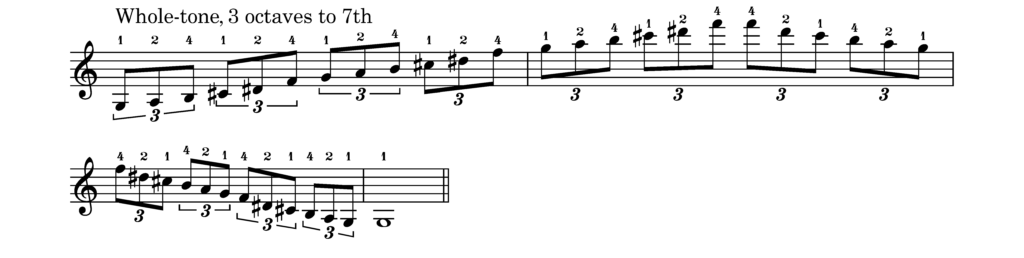 A whole-tone scale, 3 octaves up to the 7th and back down.