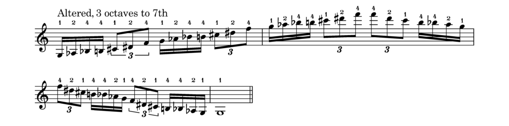 An altered scale, 3 octaves up to the 7th and down again.