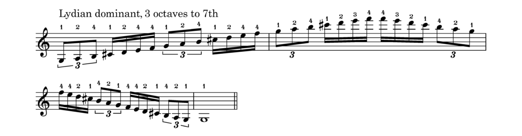 A lydian dominant scale, 3 octaves up to the 7th and down again.