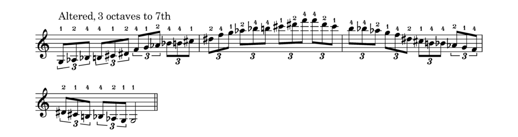 An altered scale in triplets, 3 octaves up to the 7th and down again.