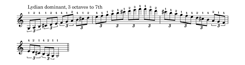 A lydian dominant scale in triplets, 3 octaves up to the 7th and down again.
