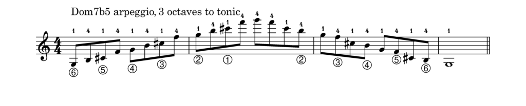 A dominant7thb5 arpeggio, 3 octaves up to 7th and down again.