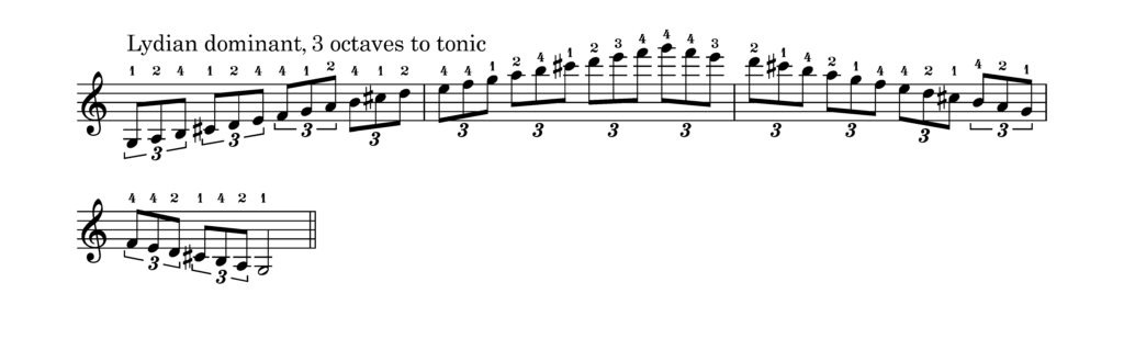 A lydian dominant scale in triplets, 3 octaves up to the tonic and down again.