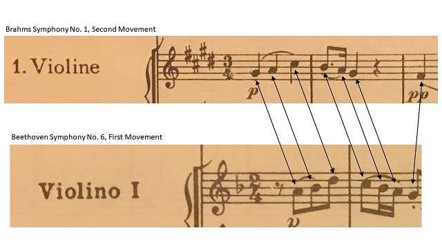 Comparing the opening of Brahms' Symphony No. 1, Second Movement with the opening of Beethoven's Symphony No. 6, First Movement.