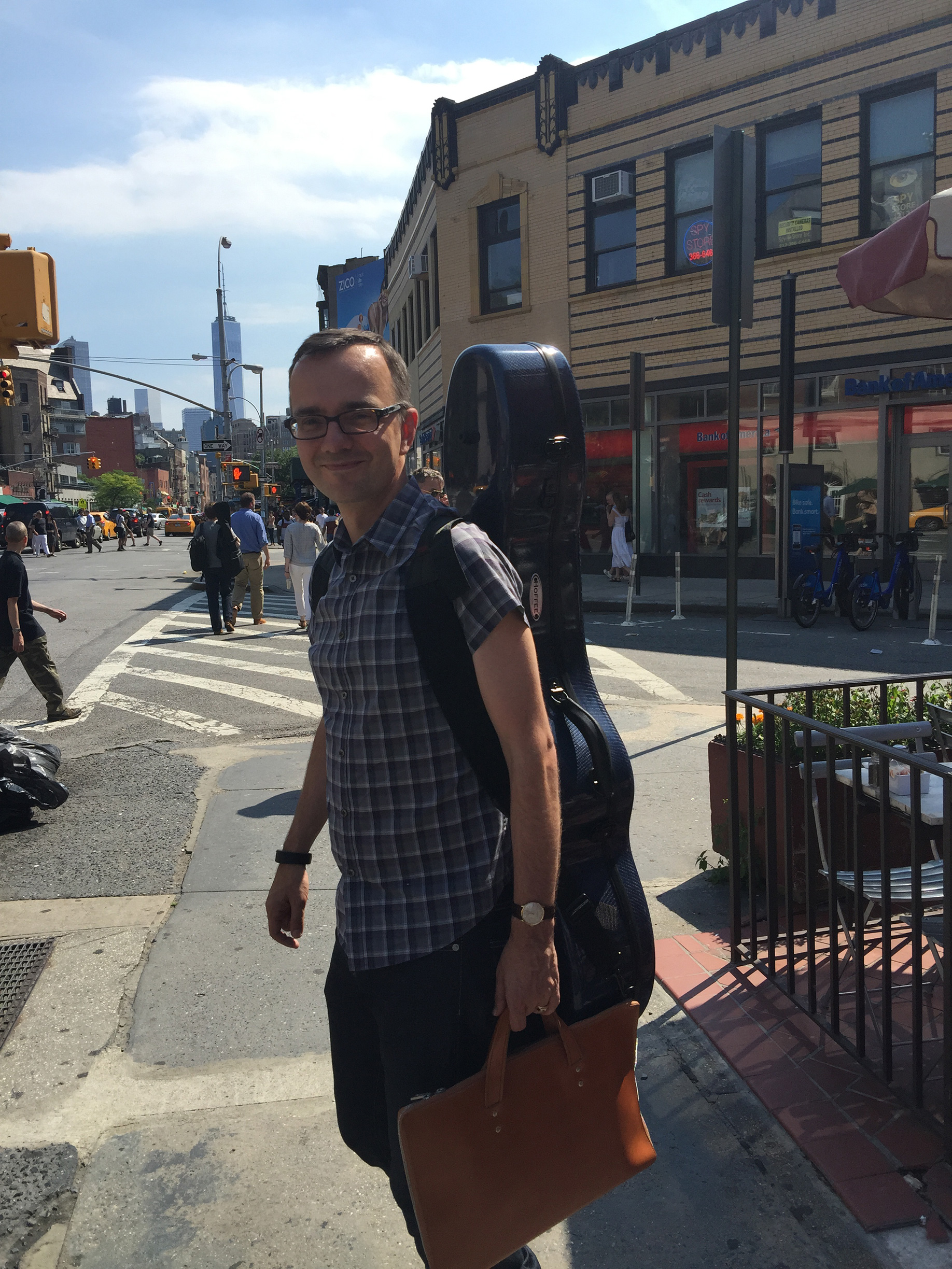 Chester Jankowski with guitar in Greenwich Village, New York City.